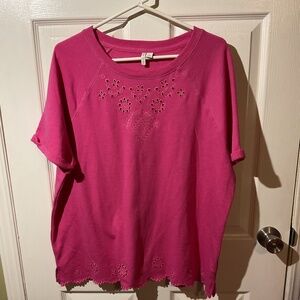 Cato Raspberry Embroidered Eyelet French Terry Top with a Scalloped Hem